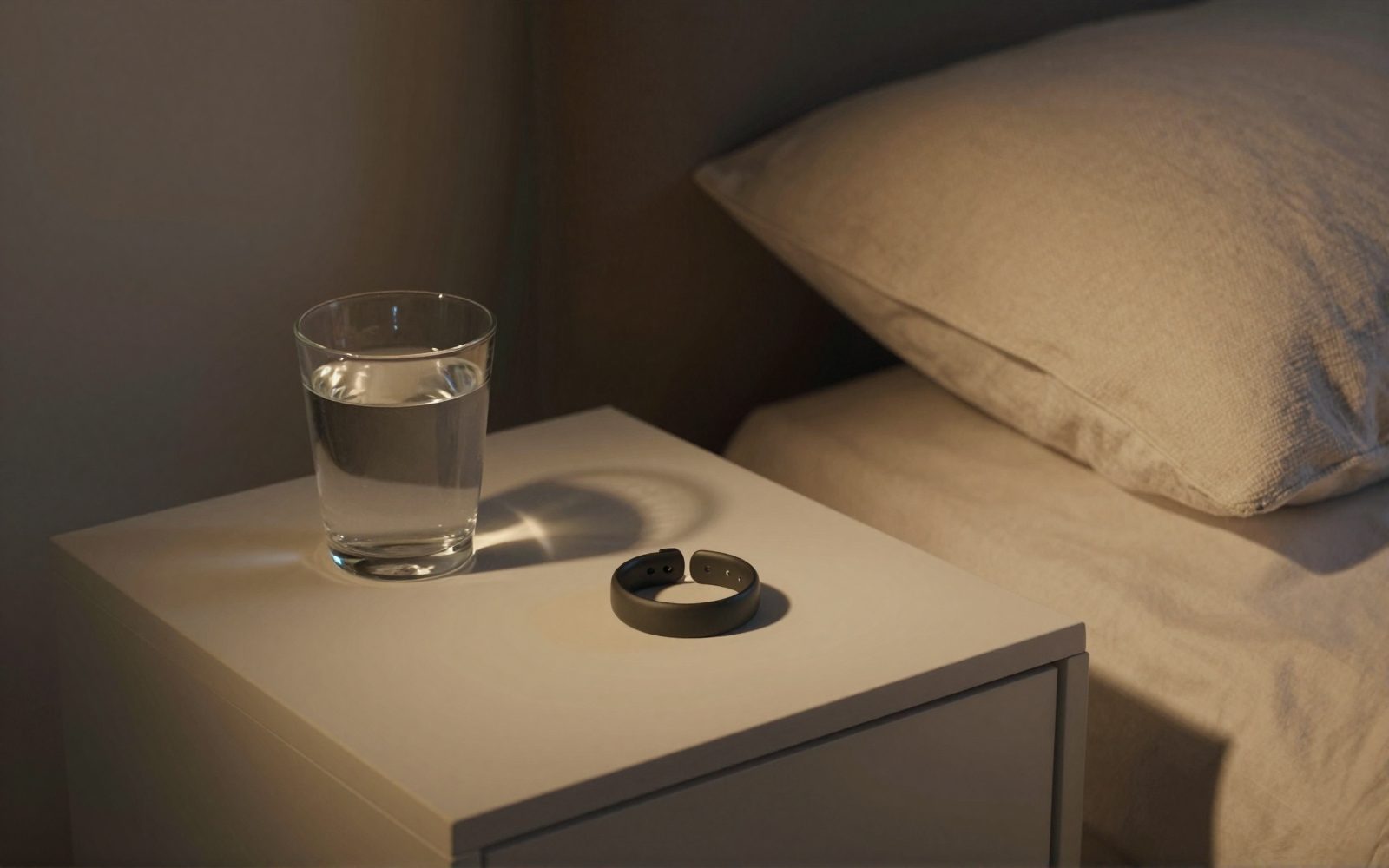 A smart ring on a bedside table